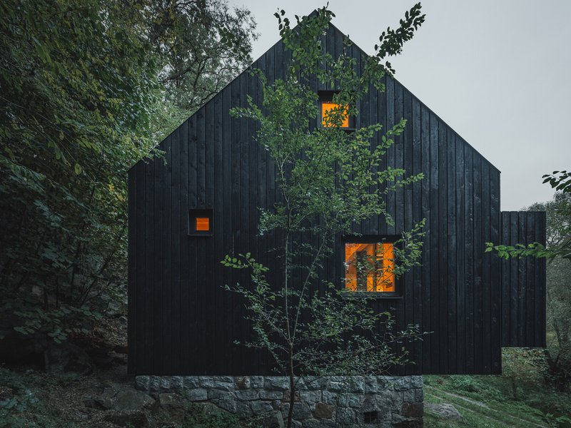 Black vertical timber cladding on a gabled volume with illuminated window openings at dusk
