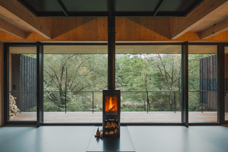 Freestanding wood stove centered before full-height glazing overlooking forest in afternoon light