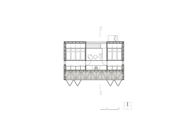 Floor plan drawing showing two flanking sleeping areas with triangular structural supports below