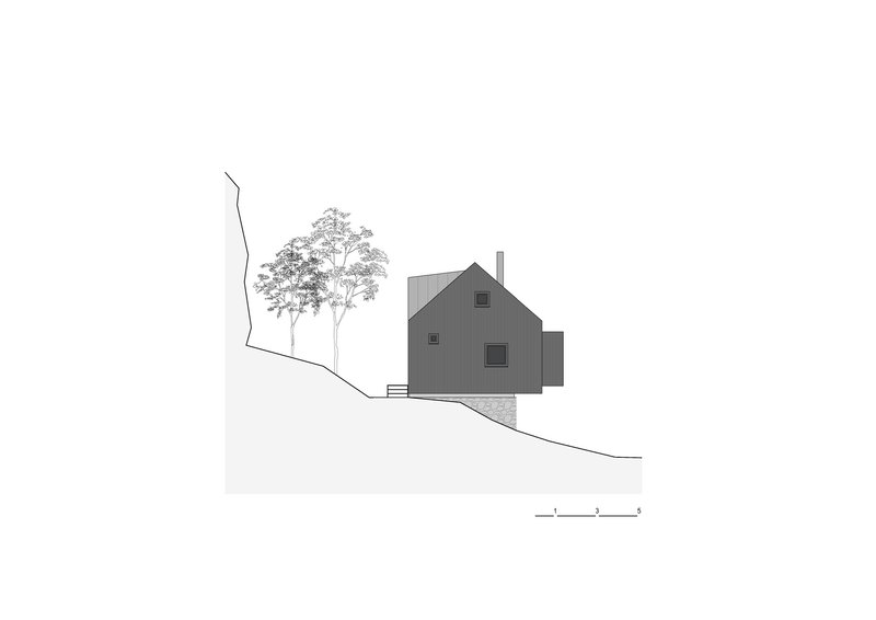 Elevation drawing depicting a gabled house on sloping terrain with neighboring trees