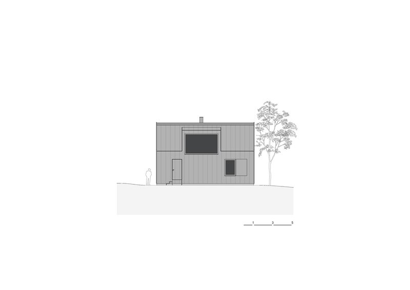 Elevation drawing of a clad facade with recessed openings and a figure for scale