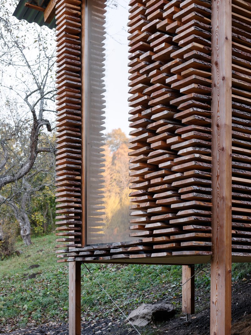 Detail of horizontal timber slat screen wrapping the facade with view through to trees