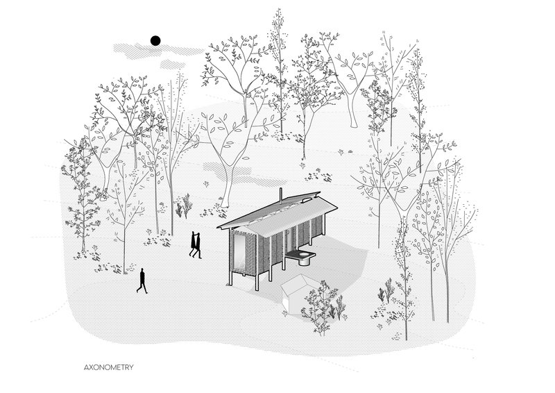 Axonometric drawing showing the cabin on stilts surrounded by vegetation with two figures nearby