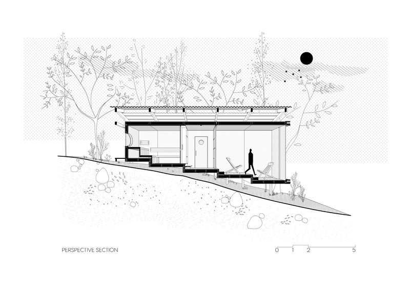 Perspective section drawing showing the interior spaces on sloping terrain with a figure walking