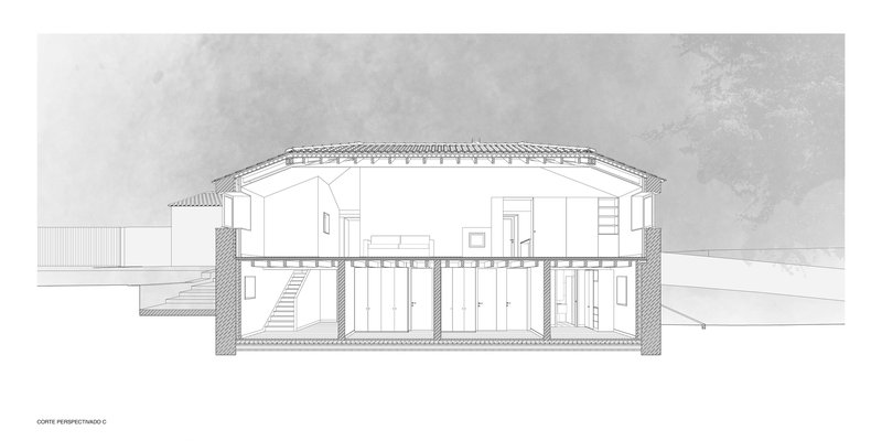 Section drawing showing a two-story house with tiled roof and ground floor columns beneath living spaces