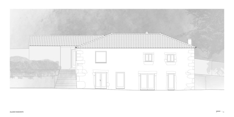 Elevation drawing showing a white-rendered house with tiled roof and staircase rising from the left side
