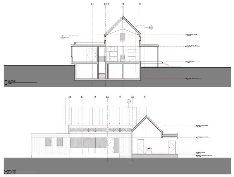 Section and elevation drawings illustrating the pitched-roof volume connected to a flat-roofed wing with clerestory windows