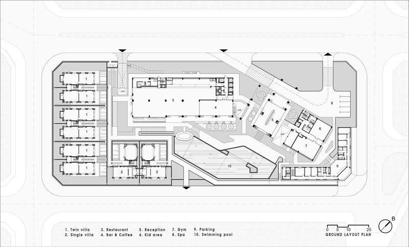 Ground floor plan drawing indicating reception, restaurant, gym, pool and villa layouts across the site