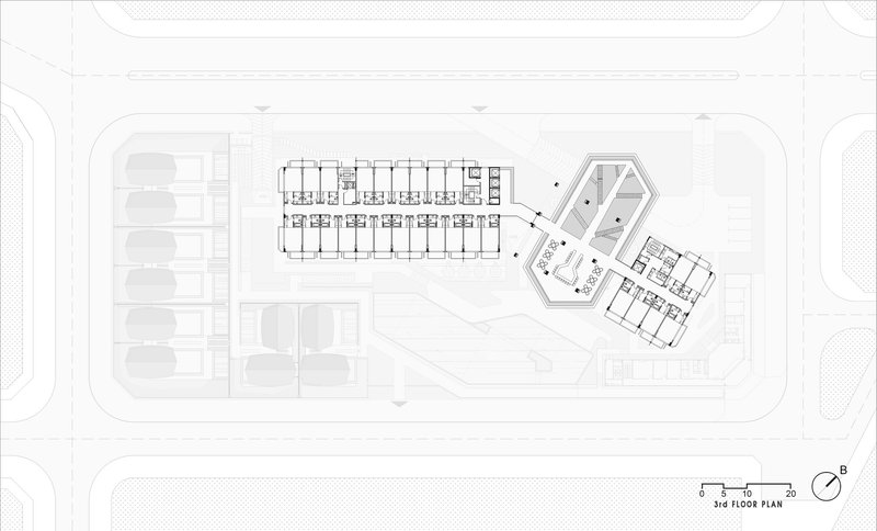 Third floor plan with the pentagonal wing revealing internal partitions and a central void space