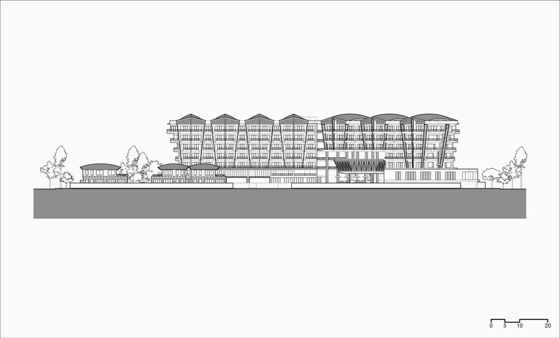 Elevation drawing of the entire complex with trees flanking the lower wings and rooftop profiles articulated