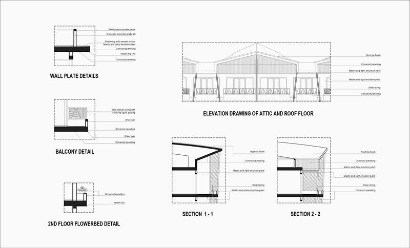 Construction detail drawings including wall plate, balcony, flowerbed sections and attic elevation with annotations