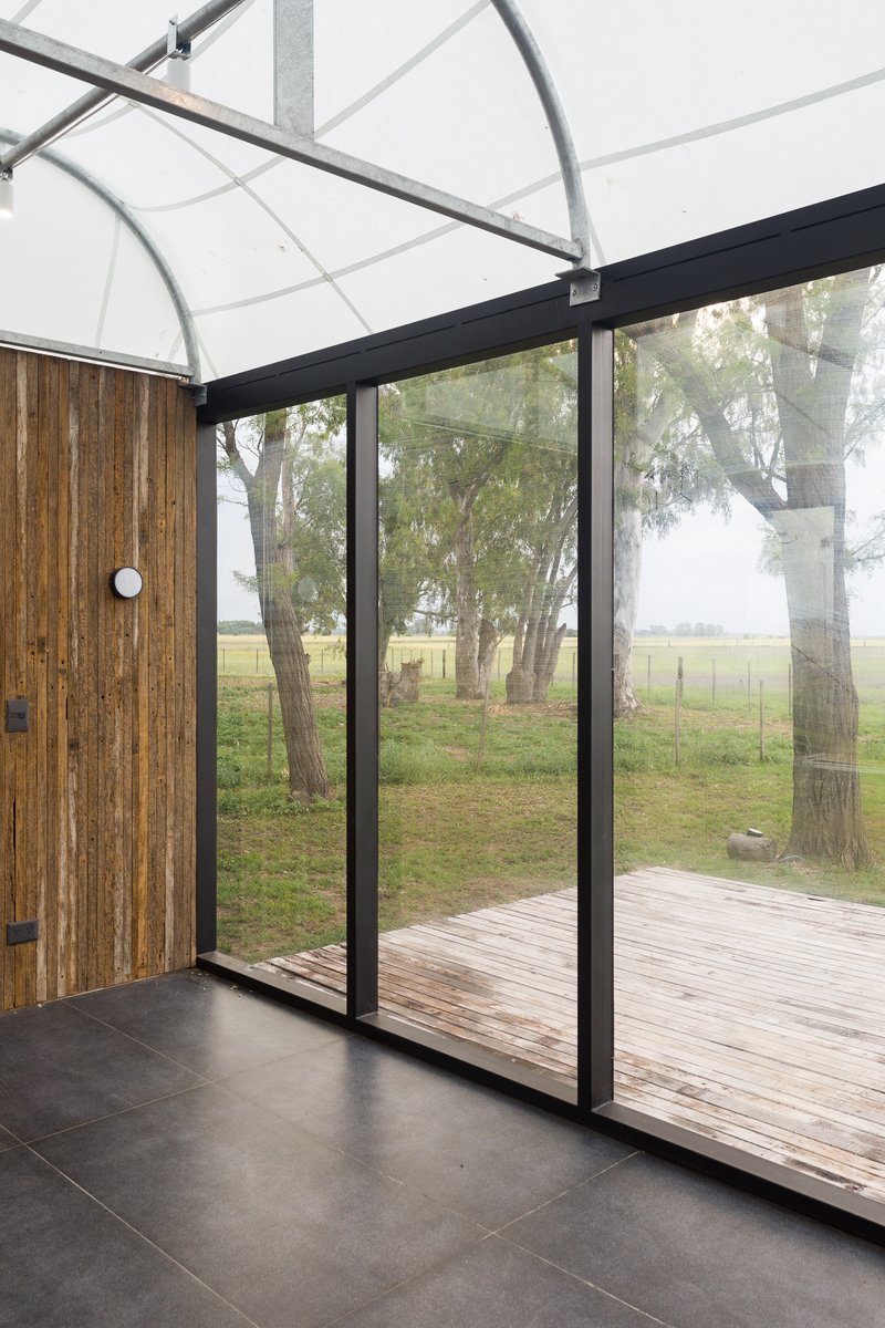 Interior view through floor-to-ceiling glazing toward timber deck and eucalyptus trees under misty grey sky
