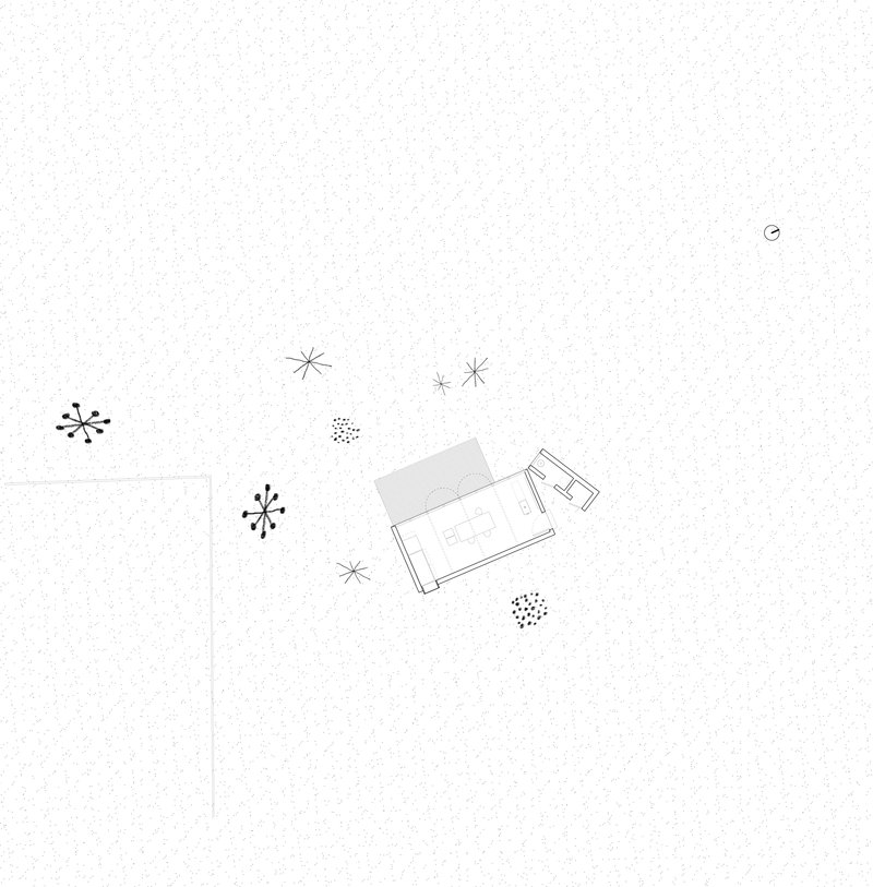 Site plan drawing showing rectangular volume among scattered trees in open landscape
