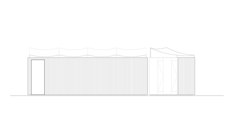 Elevation drawing showing two volumes with curved and pitched rooflines connected side by side