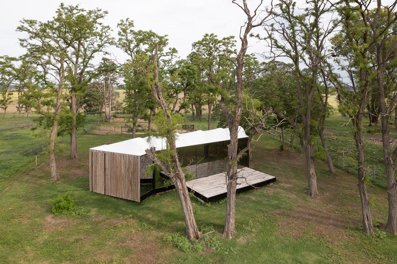 Aerial view of the timber-clad volumes with white roof among sparse trees in a grassy clearing