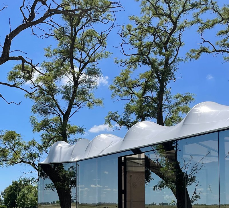 White undulating roof atop a glass pavilion framed by old trees under a blue sky