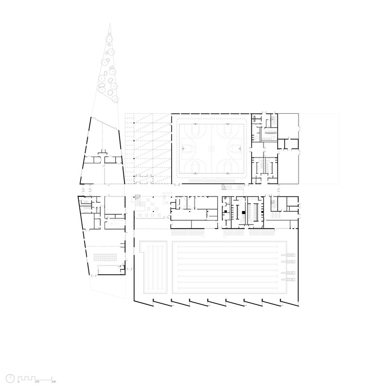 Floor plan drawing indicating indoor pool hall and adjacent service zones with angled site boundary