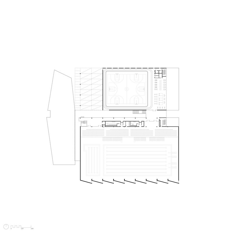 Level plan drawing showing sports court and outdoor pool with flanking support spaces