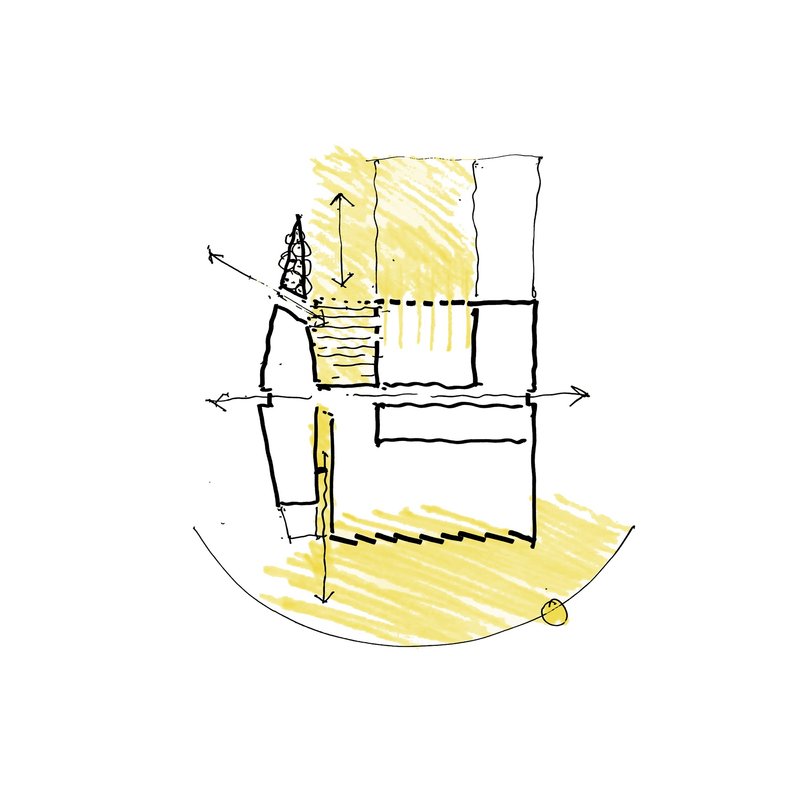 Sketch diagram illustrating natural light paths and circulation through stacked interior volumes