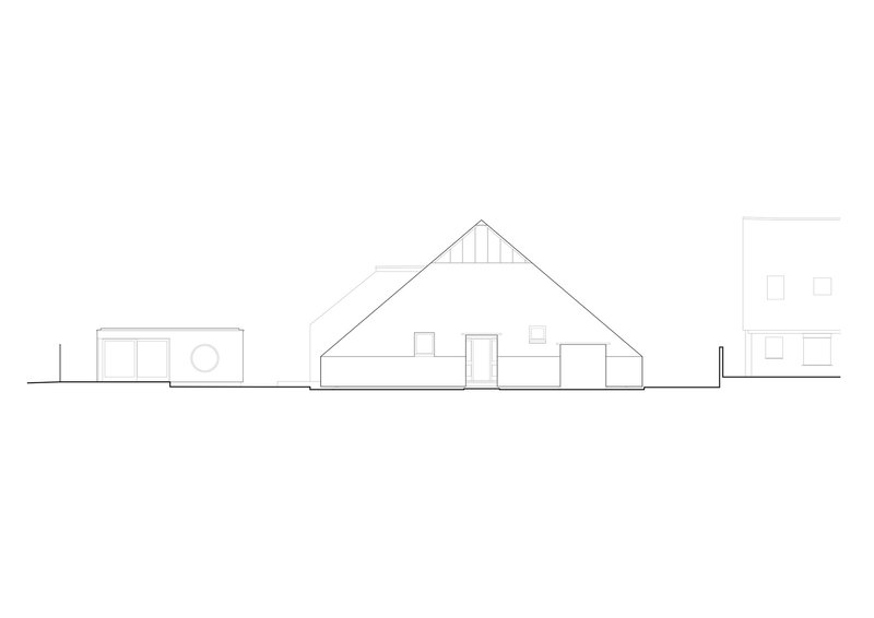 Elevation drawing depicting a gabled house with vertical siding flanked by lower flat-roofed volumes