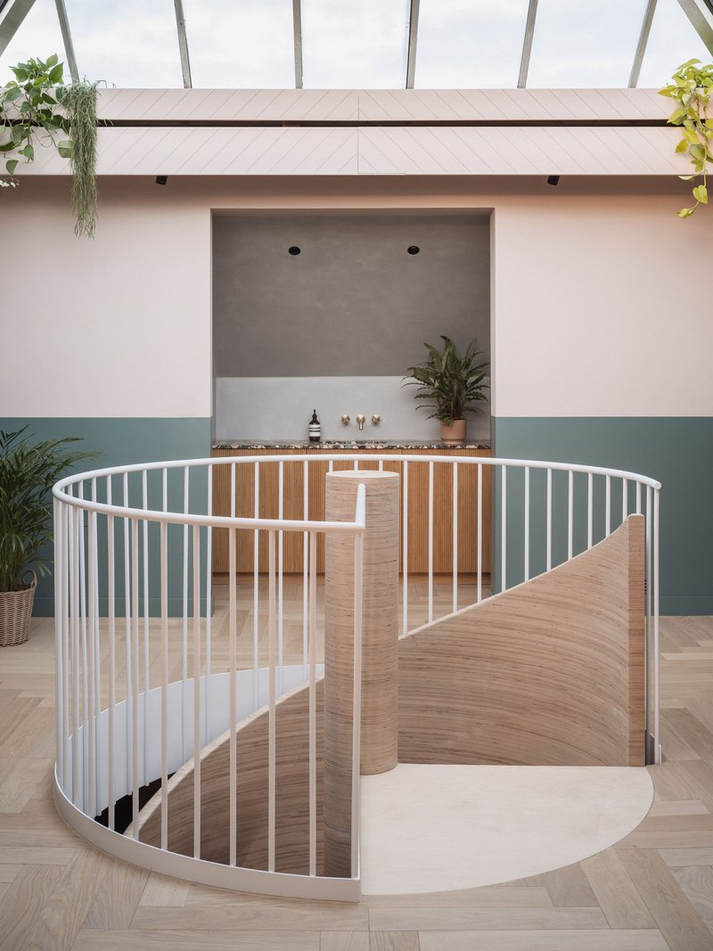 Spiral staircase with white vertical balusters and timber treads beneath a glazed roof with hanging plants