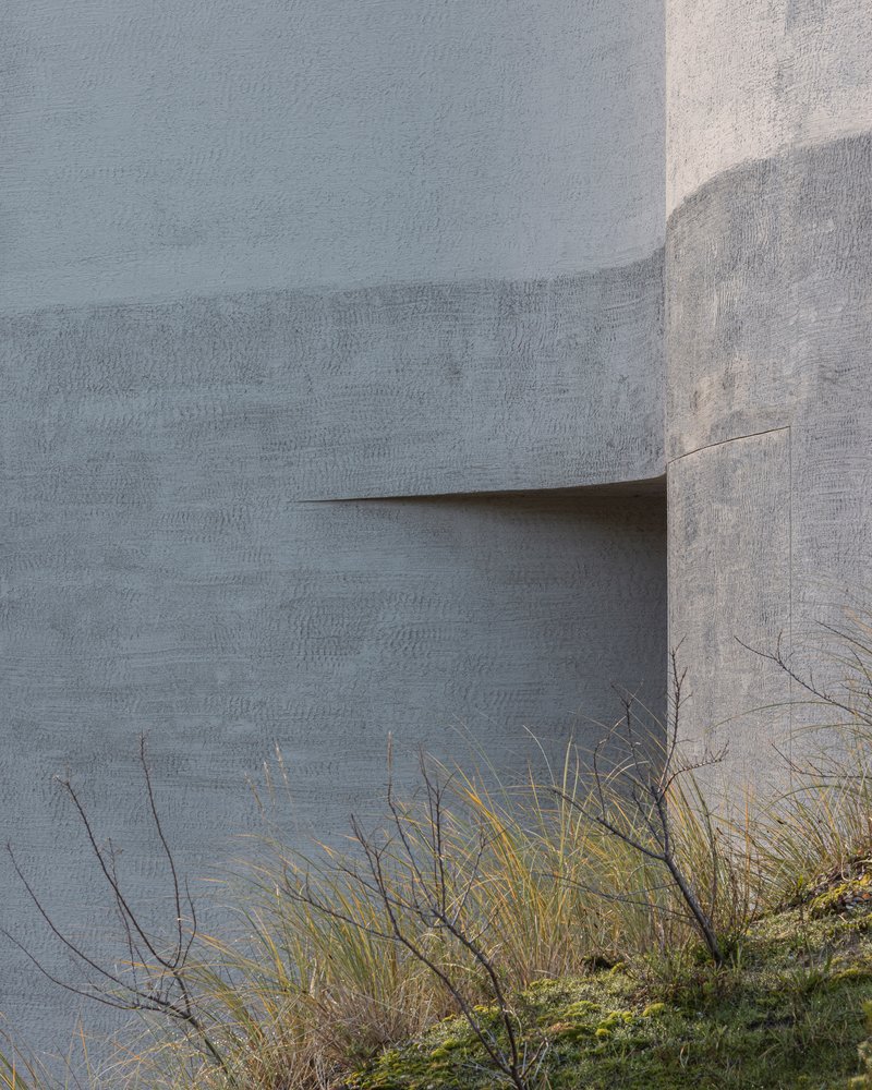 Close-up of the concrete facade showing formwork texture with native grasses at the base