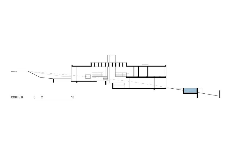 Section drawing revealing relationship between interior levels and outdoor pool on descending site