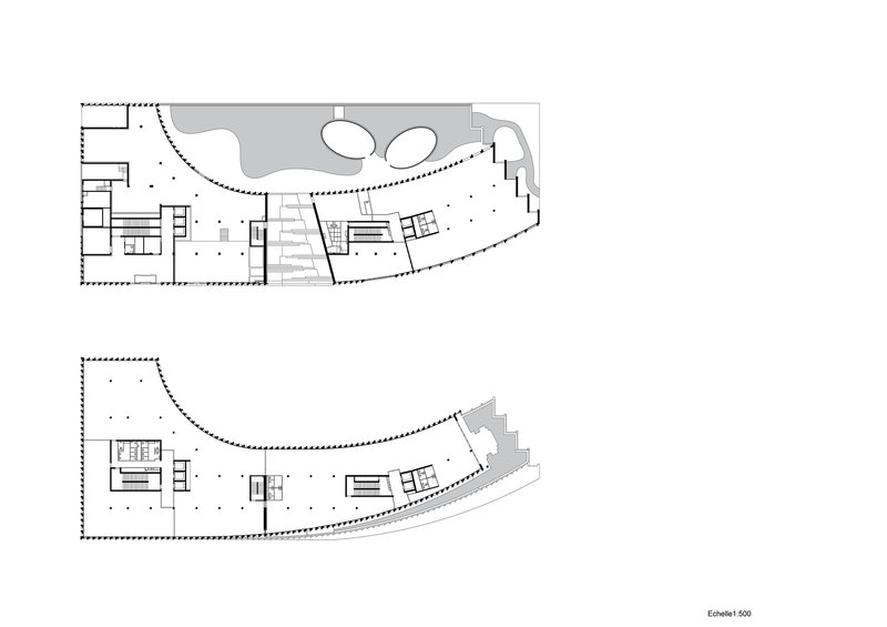 Floor plan drawings showing two levels with curved facades and central circulation cores
