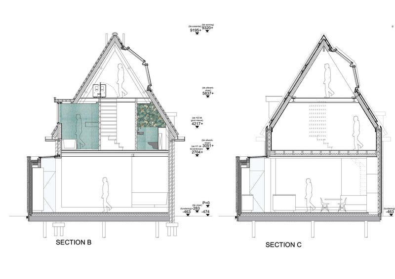 Section drawings showing steeply pitched roof volumes with interior levels and glazed openings with human figures for scale
