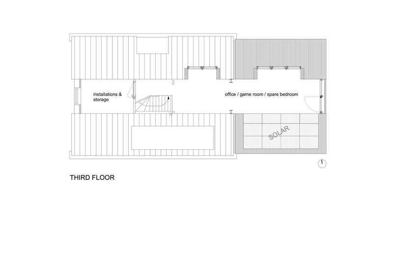Floor plan drawing showing storage, staircase, multipurpose office room, and solar panel area on the upper level