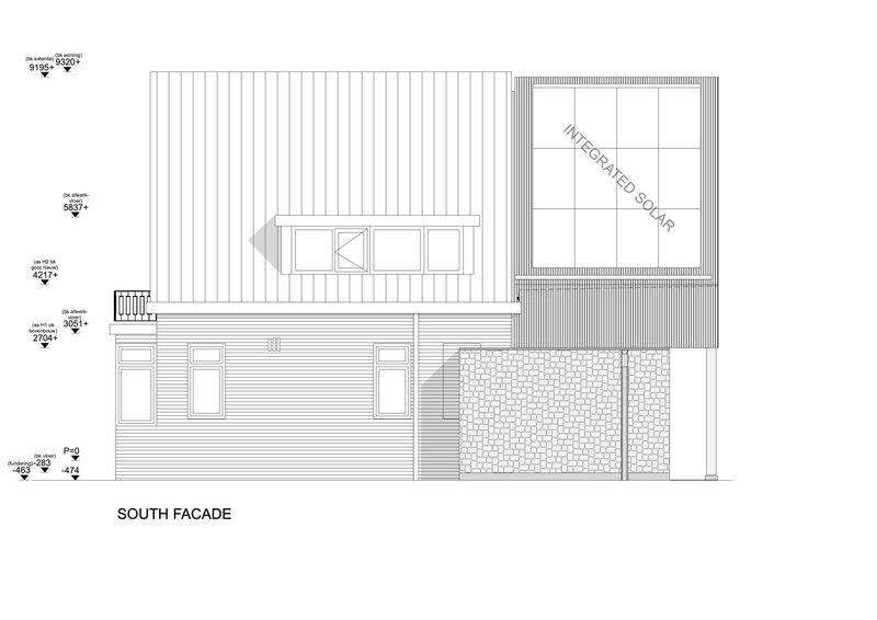 Elevation drawing showing vertical cladding, horizontal siding, grouped windows, and integrated solar panel zone