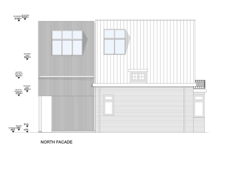 Elevation drawing showing corrugated and vertical panel cladding with varied window openings across staggered volumes
