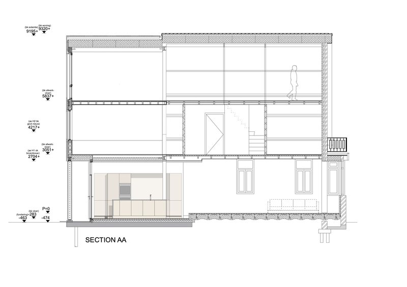 Section drawing revealing three-story layout with staircase connecting levels and double-height ground floor space