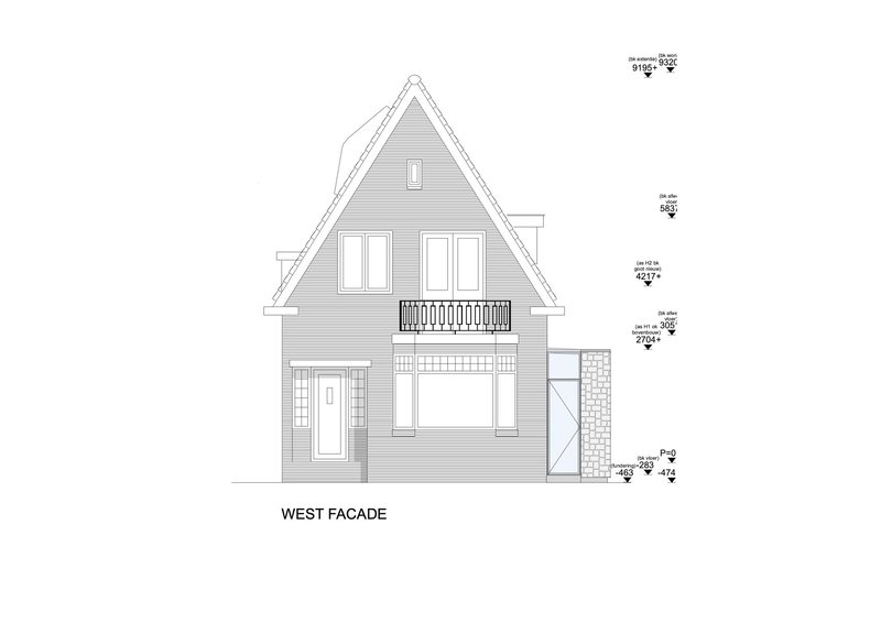 West facade elevation drawing showing gabled house with horizontal siding and upper-level balcony