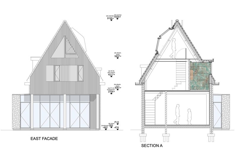 East facade elevation and section drawing showing gabled volume with vertical siding and interior staircase