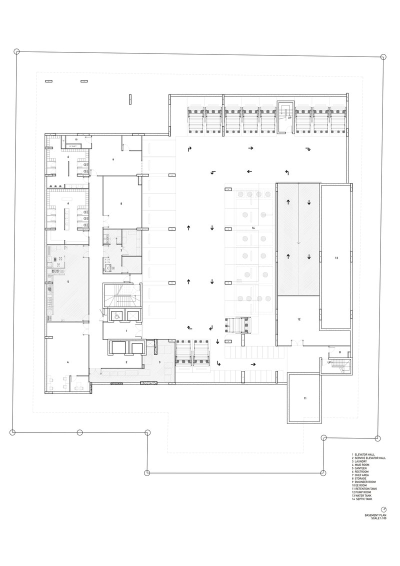 Ground floor plan showing central open courtyard surrounded by service and support spaces