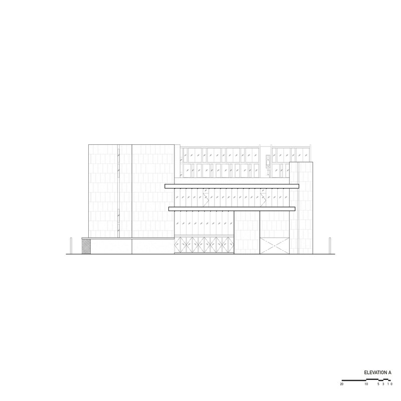 Elevation drawing showing tiled facade with horizontal louvers and recessed openings
