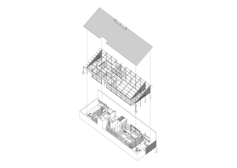 Exploded axonometric drawing revealing roof structure, frame, and interior layout across three levels