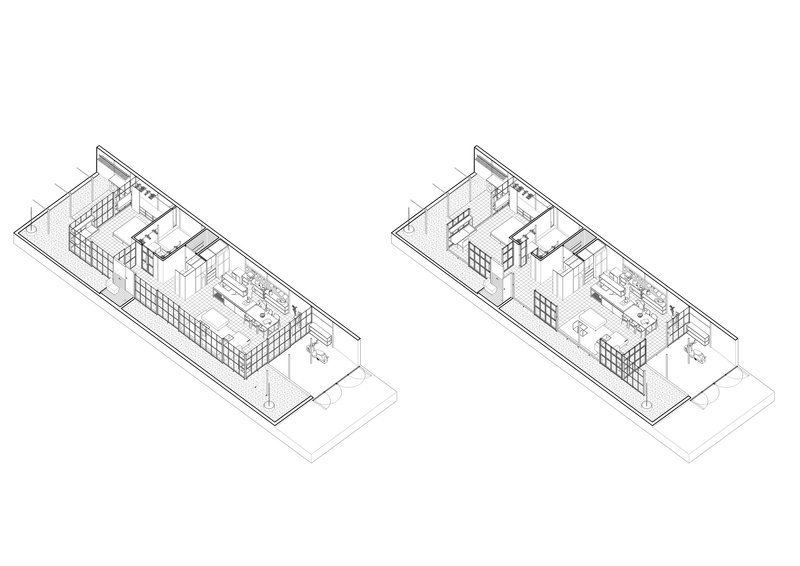 Isometric cutaway drawings comparing two interior configurations within the same volume