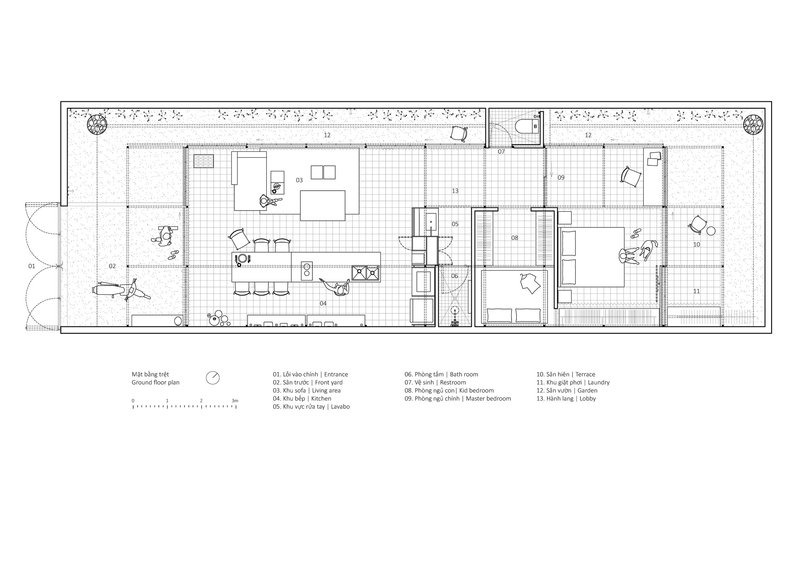 Ground floor plan showing a linear layout with living area, kitchen, bedrooms and service spaces