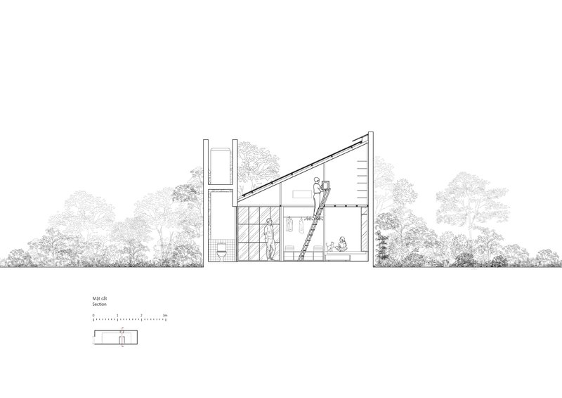Section drawing showing the sloped roof structure with double-height glazed wall and landscape beyond