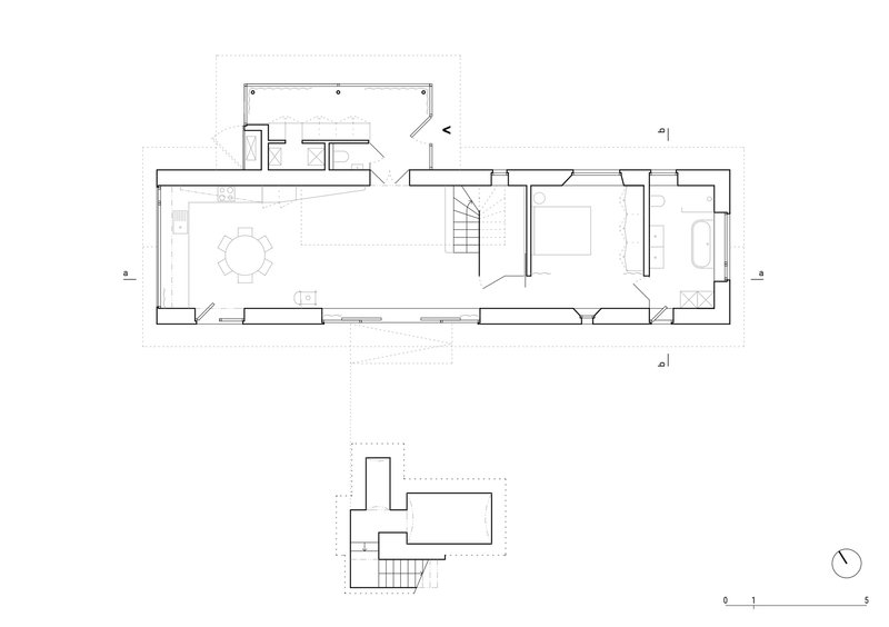 Floor plan drawing of the linear level with living spaces and bedroom zones