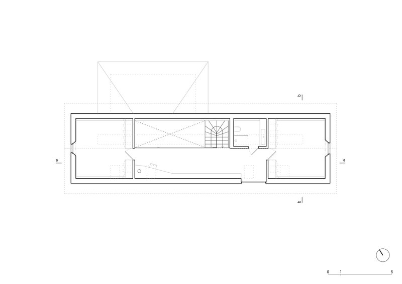 Upper floor plan drawing showing the attic level with central staircase and side rooms