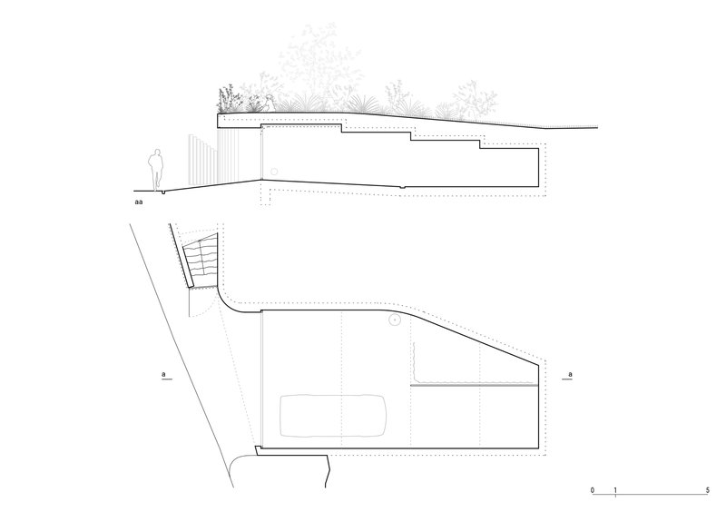 Section drawings revealing a stepped interior with a green roof and sloped ceiling above ground