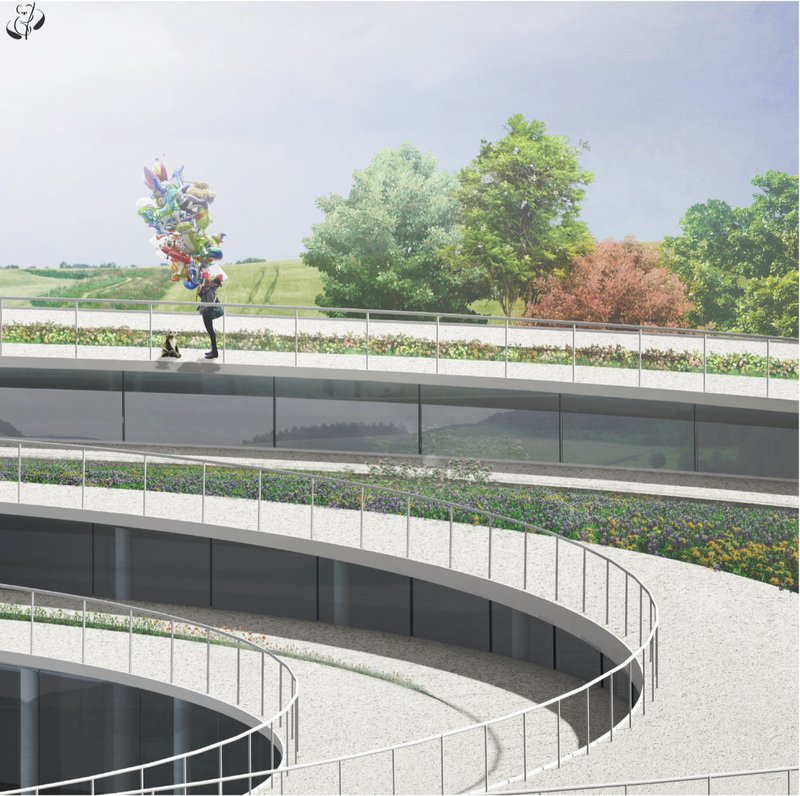 Layered green roof terraces provide panoramic views while extending the natural landscape across the architecture.