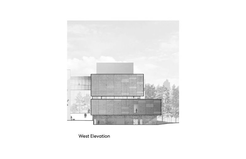 West elevation drawing presenting stacked boxes with slatted cladding and pedestrians below