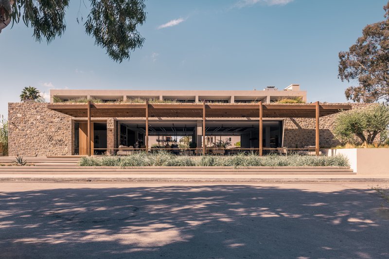 Street view of the timber pergola structure with planted beds framed by tree shadows on the pavement