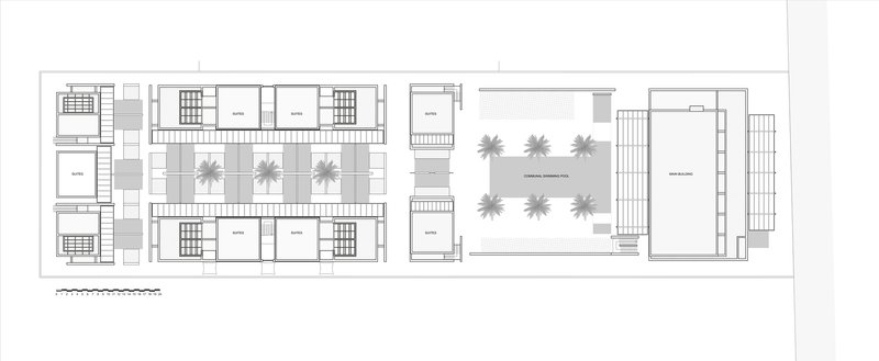 Floor plan showing guest suites flanking a central courtyard with pool and palm trees