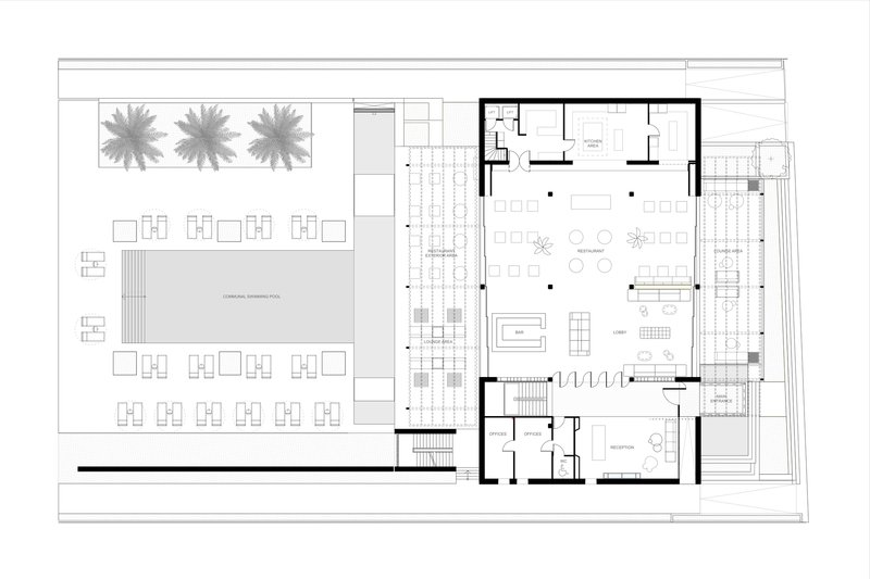 Floor plan showing open common area with pool terrace, palm grove, and flanking service stairs