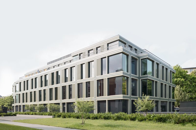 Long view of the linear facade with rhythmic window bays and planted garden in the foreground
